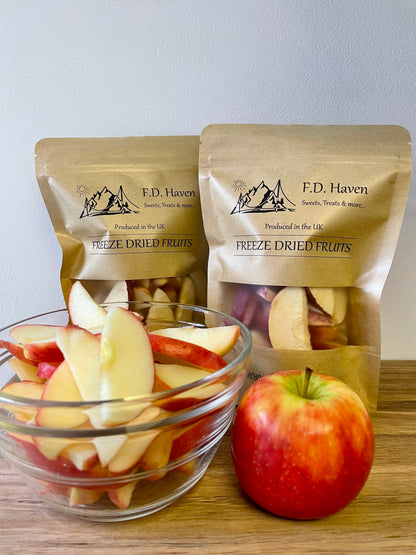 Apple crisps, freeze dried apples, in bowl and front